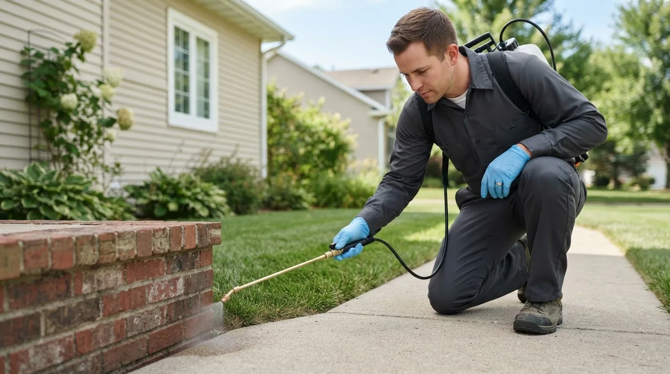 Pest control technician treating a home near Nauvoo, IL